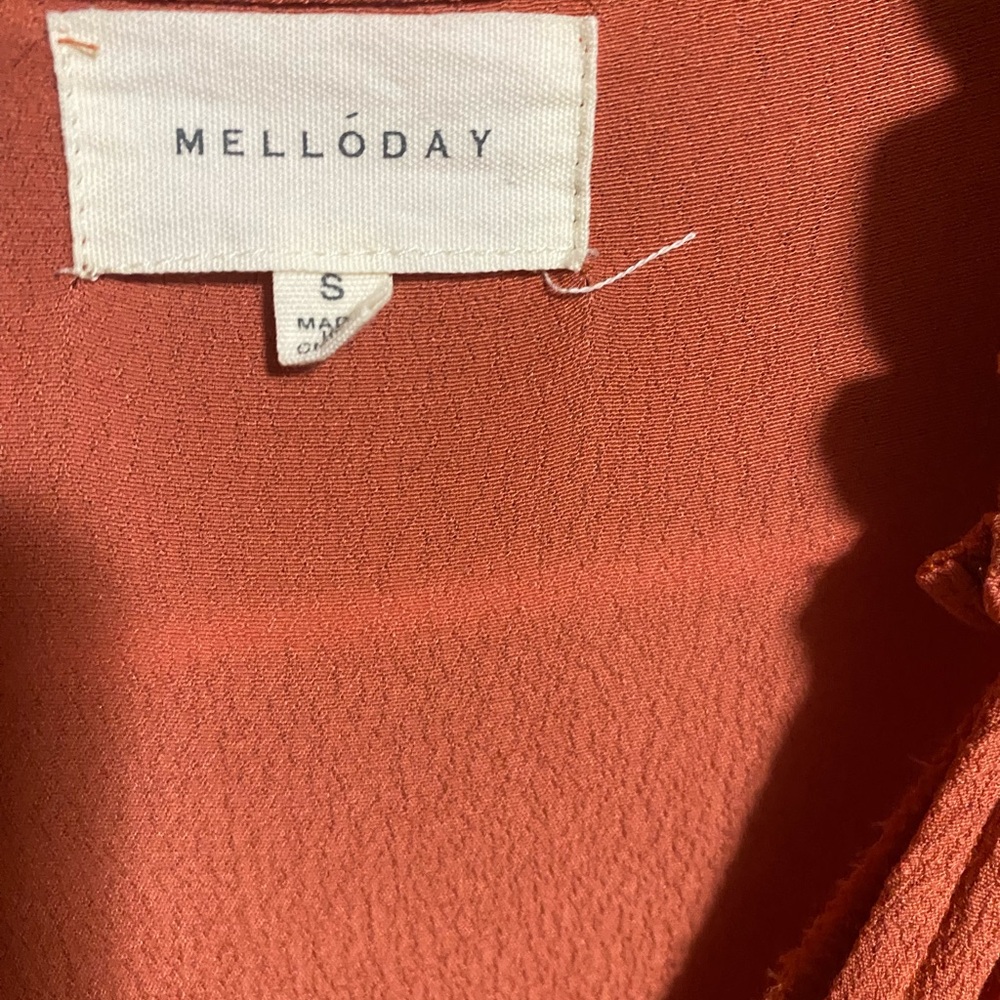 MELLODAY Coral Orange V neck Retro Feminine Maxi Dress short puff sleeves Size S - Picture 4 of 4